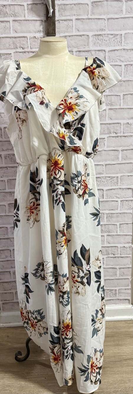 SHEIN Curve White Floral Print V-Neck Ruffle Maxi Dress Plus Size 1XL